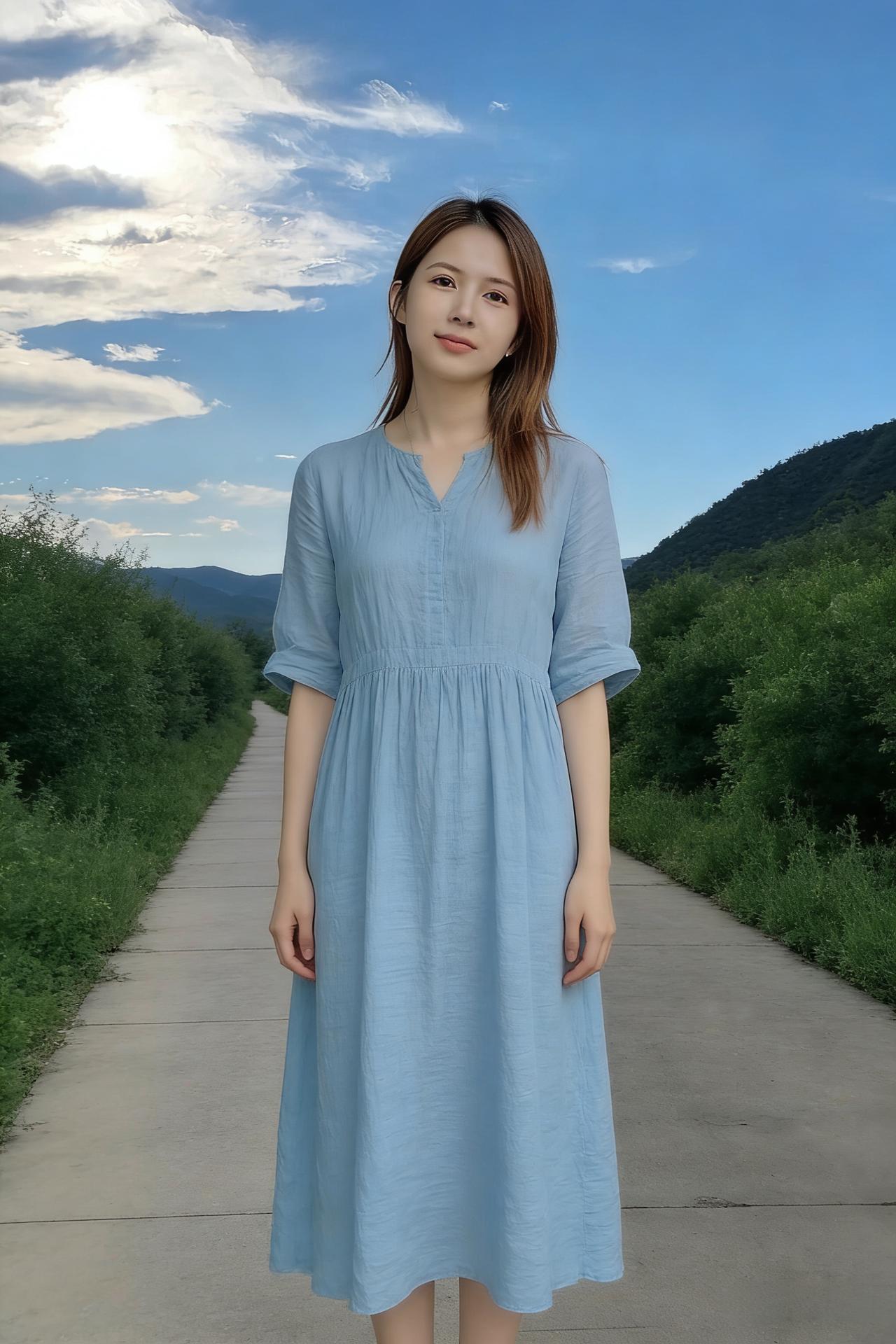 青山晓霁白云浮，蓝袂麻裙曳远丘。
步踏松蹊凝翠色，衣沾草露散清柔。
风梳鬓发添幽