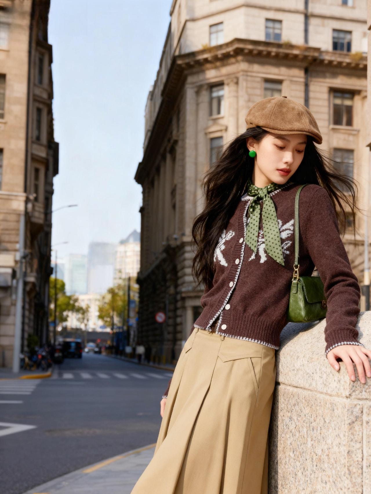 复古风穿搭指南棕色贝雷帽+绿色丝巾时尚又优雅时尚潮流穿搭
