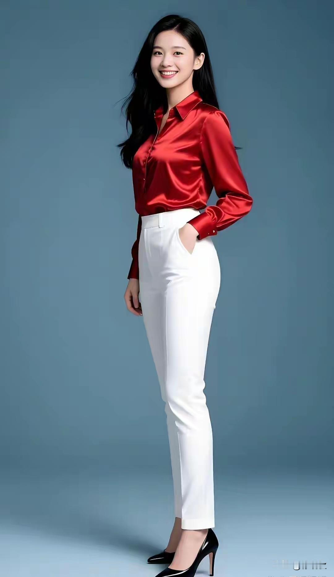嫣然一笑百媚生，
白裤红衣显风情。
职场之花，光彩照人。
内外兼修，品貌兼优。