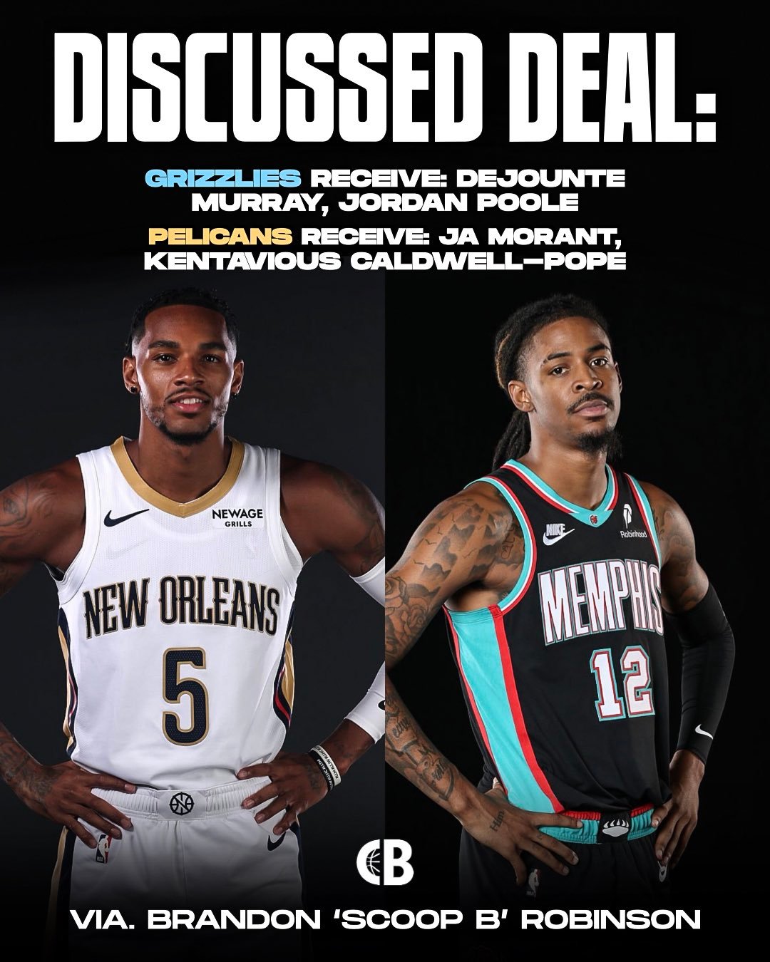 ScoopB：鹈鹕和灰熊已经就莫兰特的交易进行了讨论。交易方案⬇️灰熊得到：德章