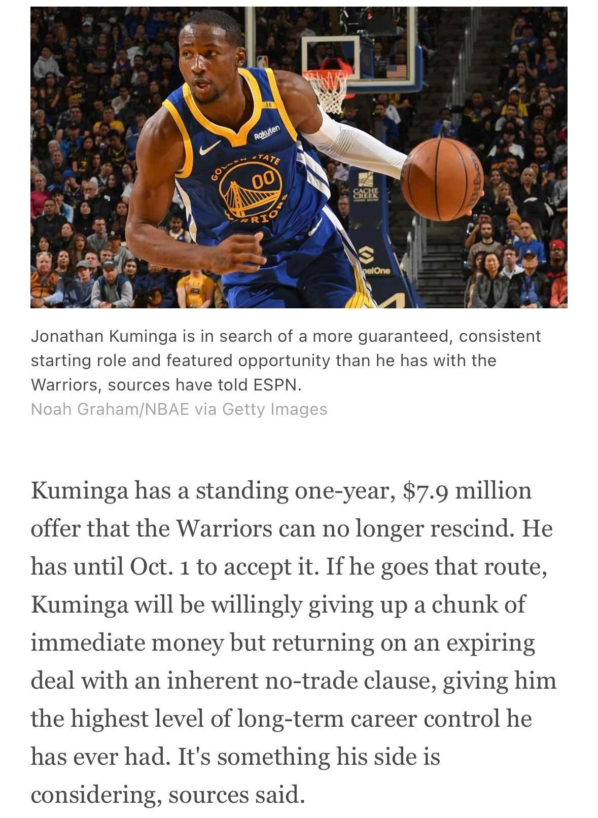 勇士记者Anthony Slater：勇士总经理邓利维及其管理层希望能让库明加留