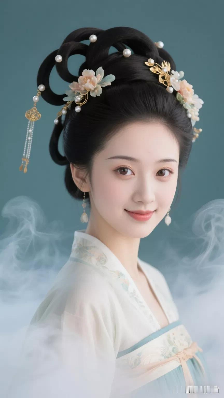 古风美人，云雾缭绕，花簪点缀，宛如画中仙子。张立启原创书画AI作品古仕女发髻集锦