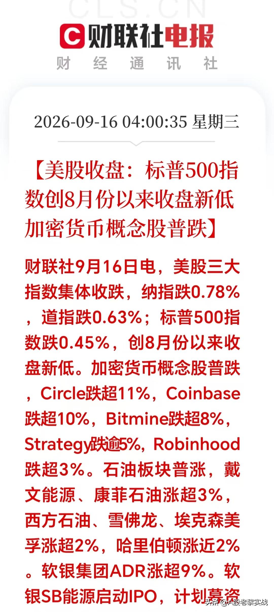 一觉醒来，美股三大指数下跌，加密货币板块全线重挫，Coinbase大跌超10%。