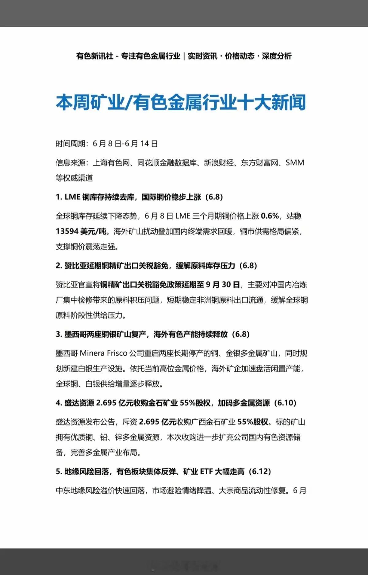 6.15周一  最新：矿业+有色新闻汇总！1.铜供应紧缺，支撑铜价高位2.墨西哥