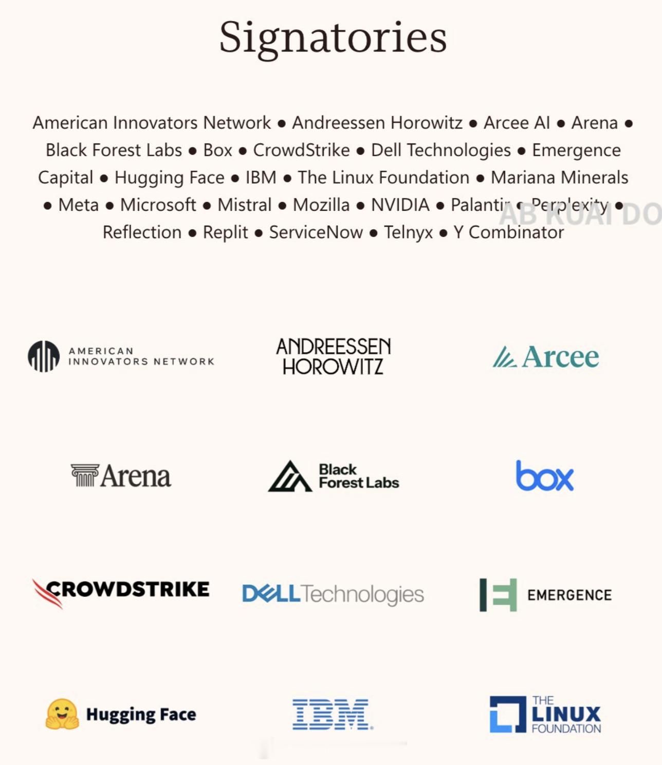 包括微软、英伟达、IBM、戴尔、YC 孵化器等 25 家公司，联合发表公开信，呼
