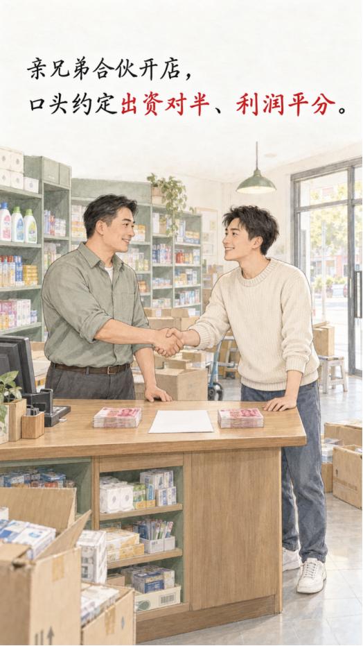 亲兄弟合伙开店，收入混在一起，弟弟觉得哥哥多分利润，闹到要散伙。
 
兄弟二人口