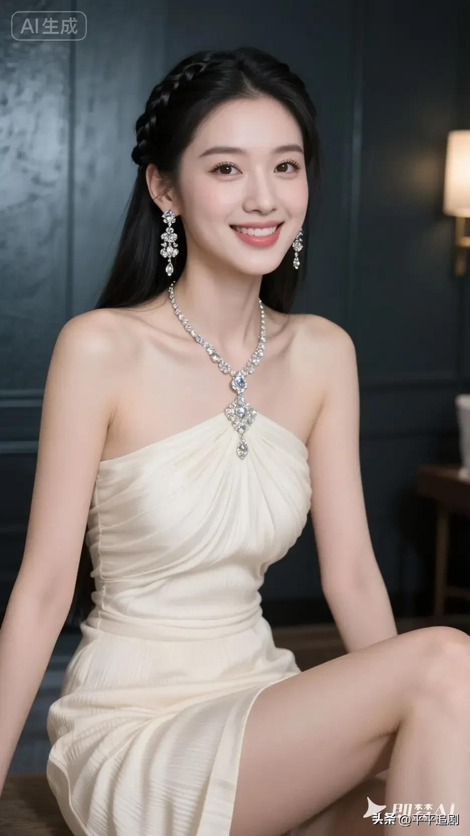 米白挂脖裙衬出温柔肩颈，钻饰在光影里闪着细碎光芒，笑起来的瞬间，是藏不住的优雅与