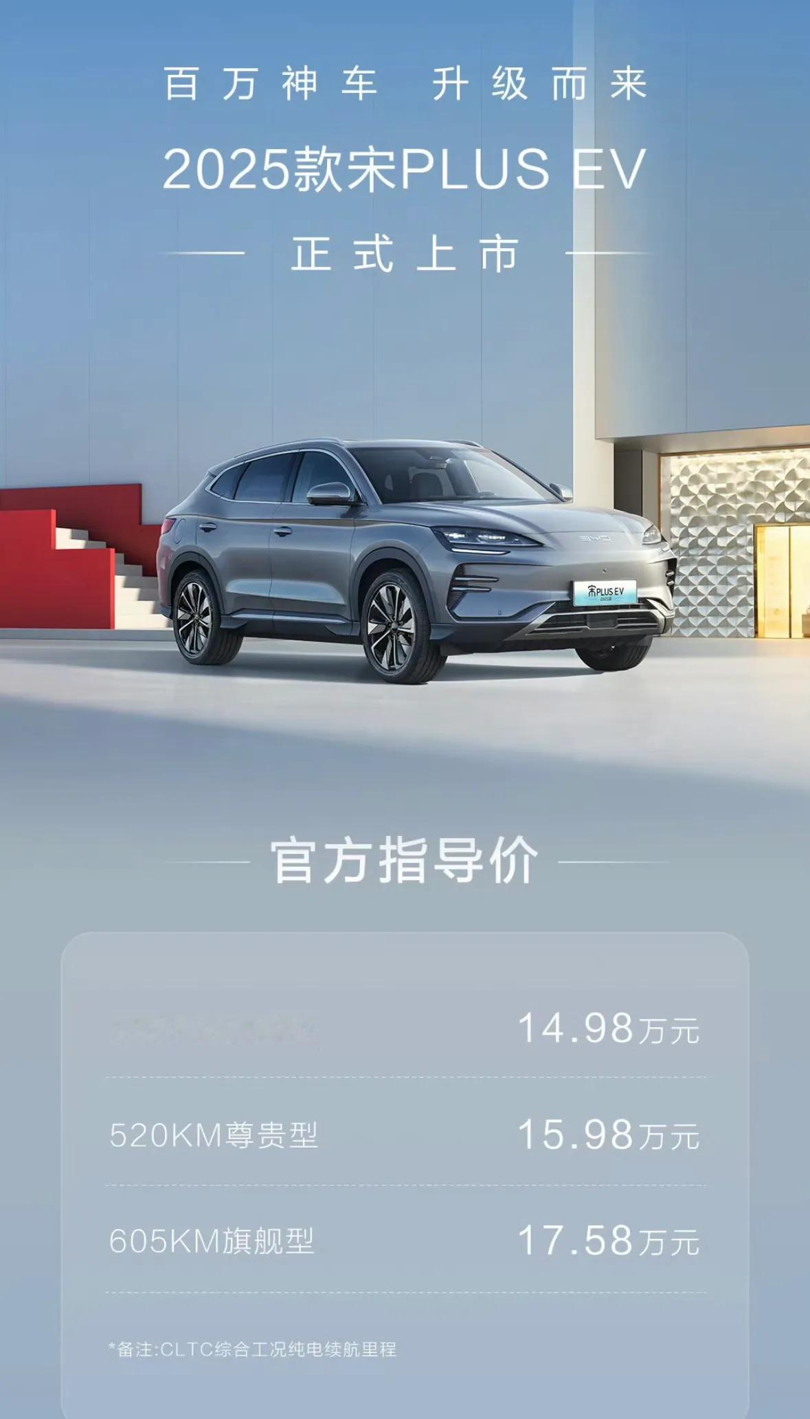 2025款宋PLUS EV上市，共有三个版本，售价14.98-17.58万元。如