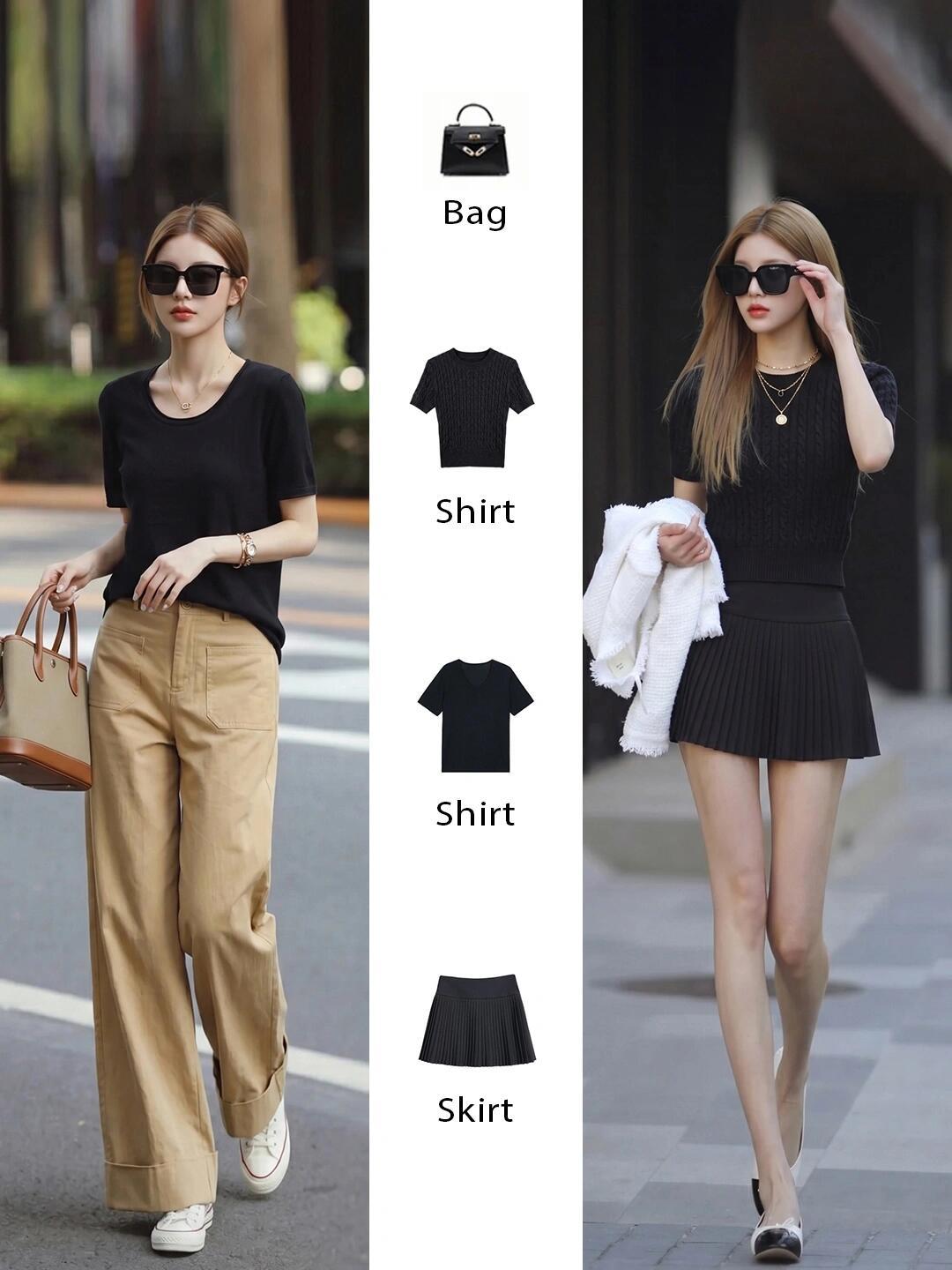 黑色配卡其很高级啊！
极简黑T或针织衫自带利落质感，搭配卡其阔腿裤松弛又显瘦，不