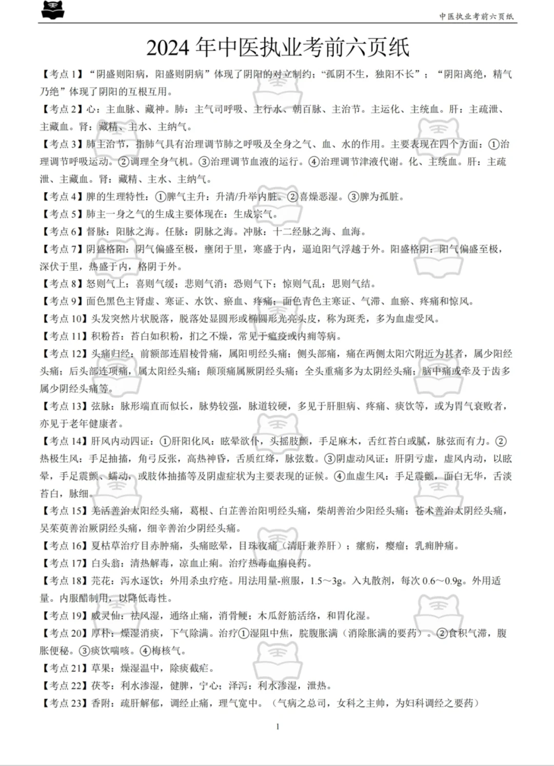24中医执业考前6页纸