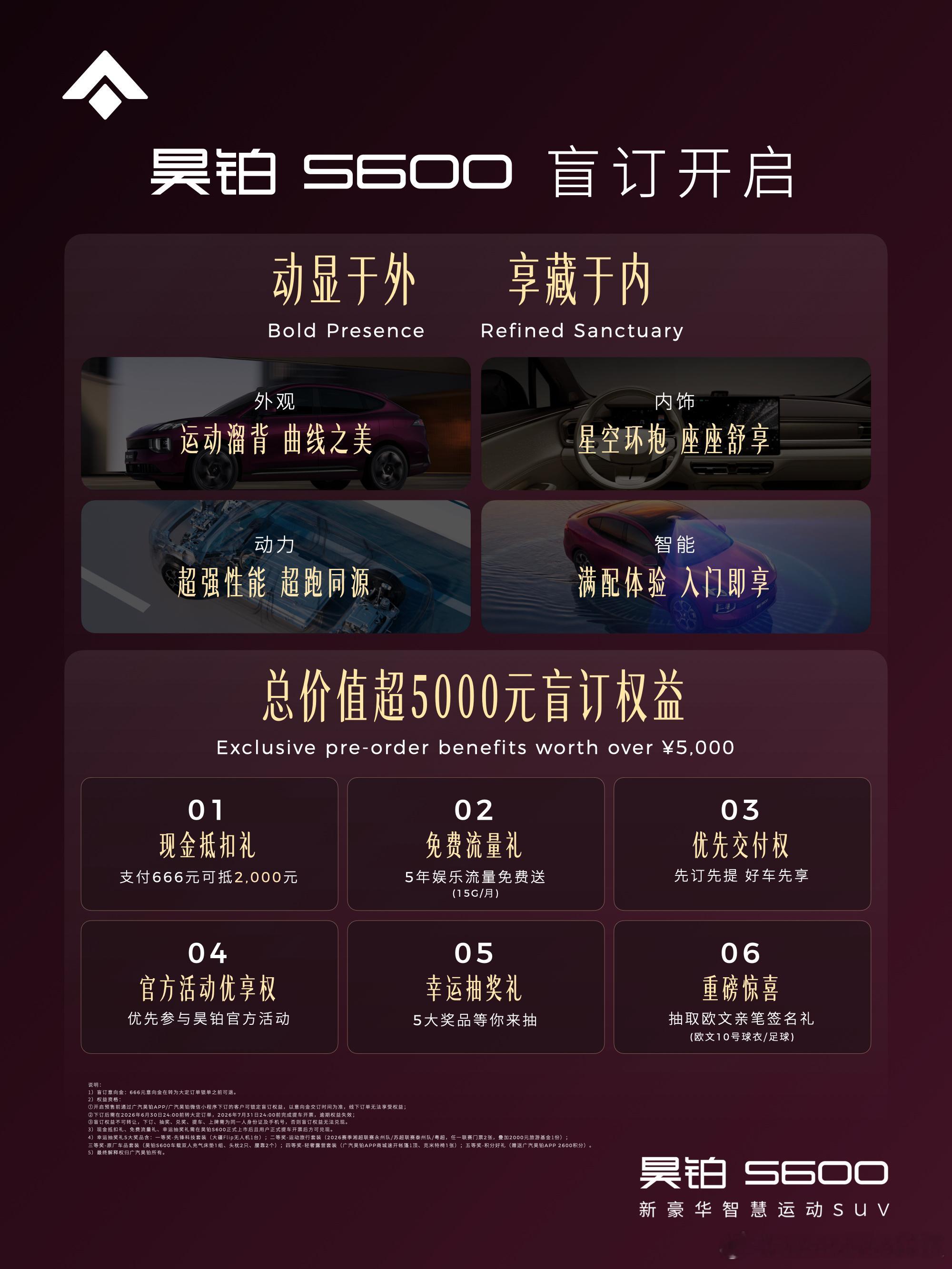 昊铂S600盲订开启，6大权益等你拿足球门票、旅游基金，欧文签名球衣惊喜不停全新