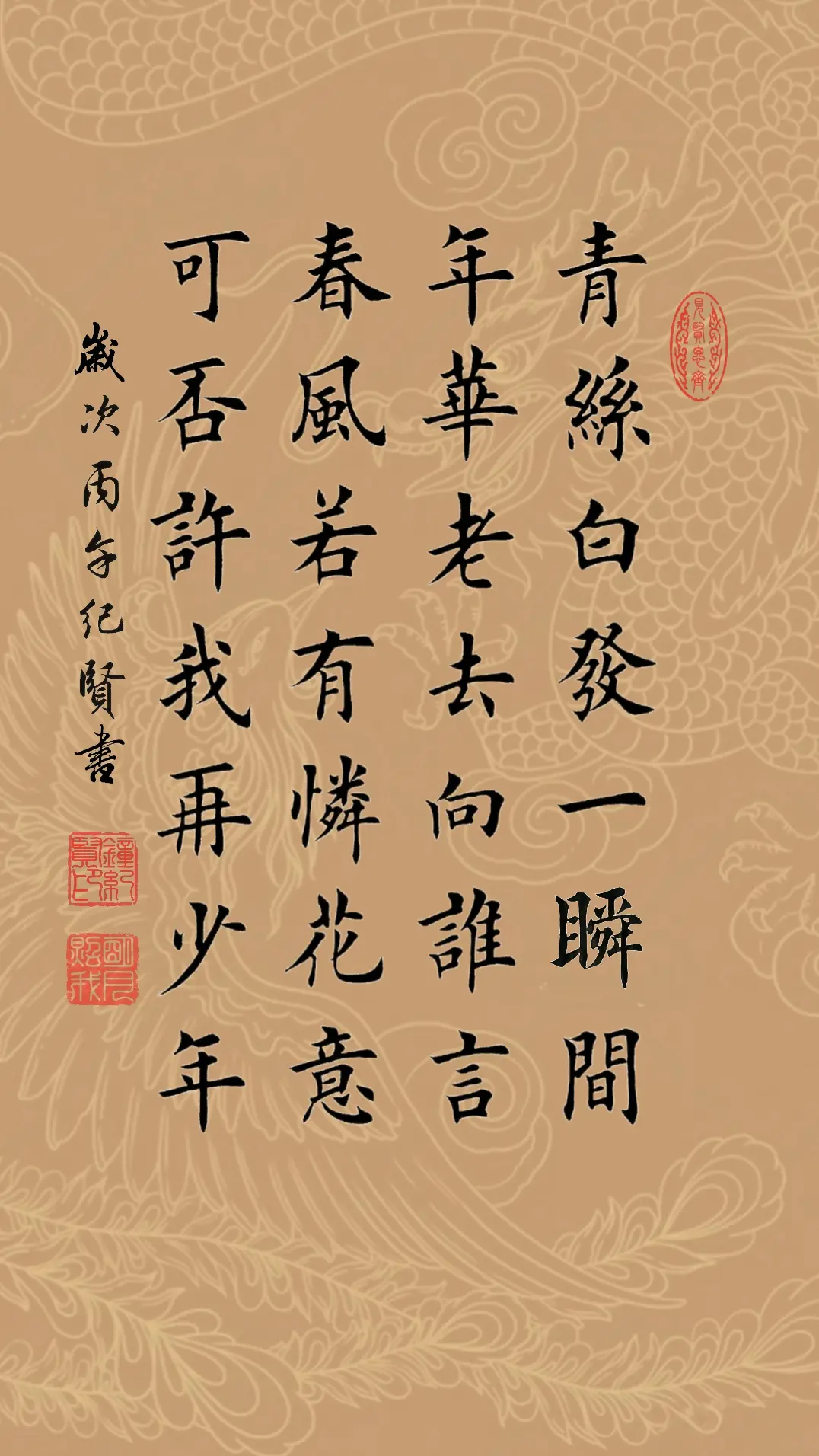 青丝白发一瞬间，年华老去向谁言。 春风若有怜花意，可否许我再少年。