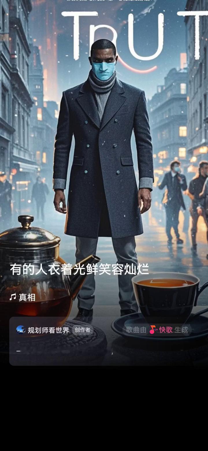 霓虹灯下真相。
规划师看世界创作者。
歌曲由快歌生成，一起来听听我创作的歌曲。