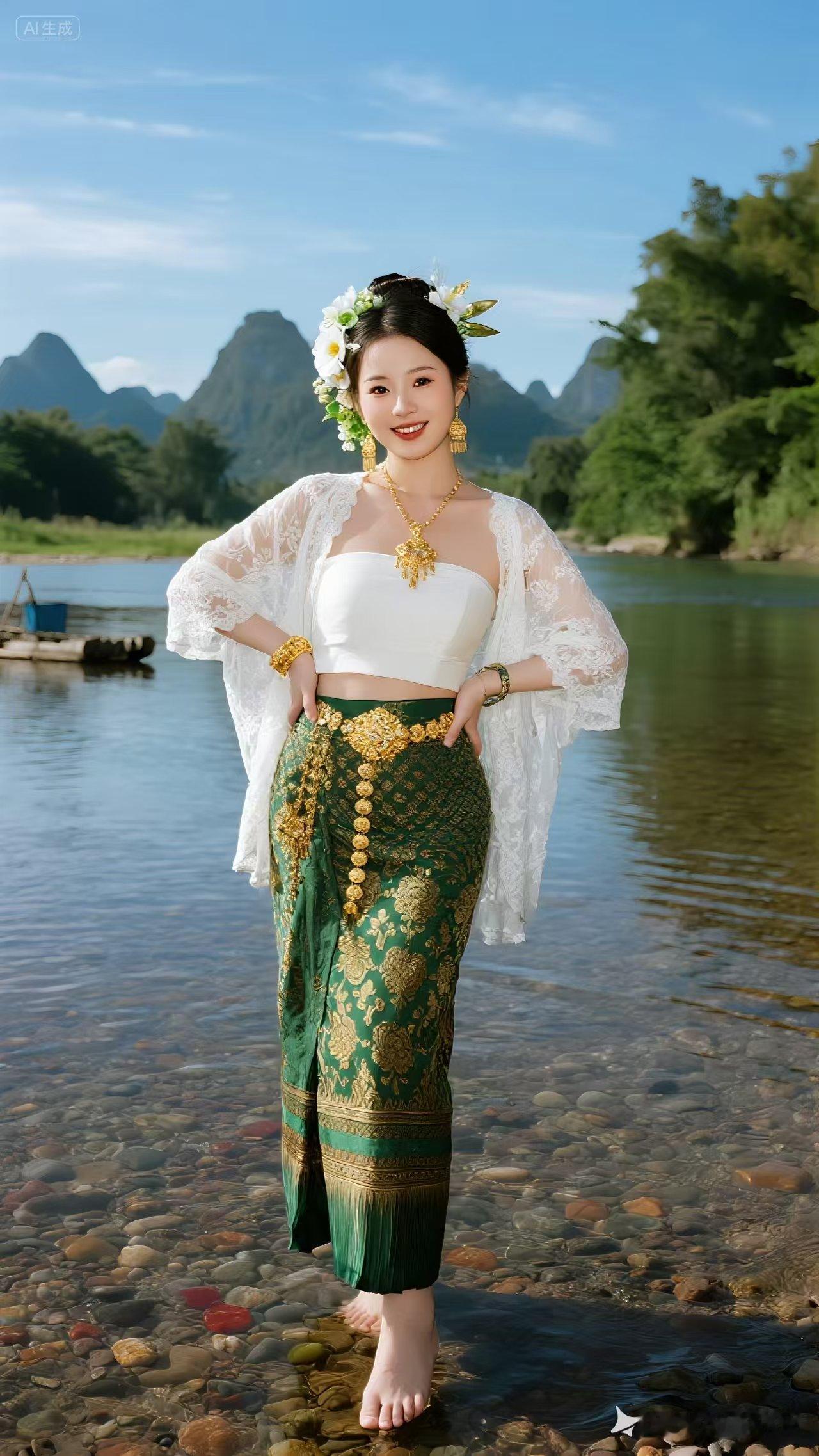 山水之间，花环加身，身着绿裙金饰的傣家少女赤足踏水，笑靥如花，仿佛从画卷中走出的