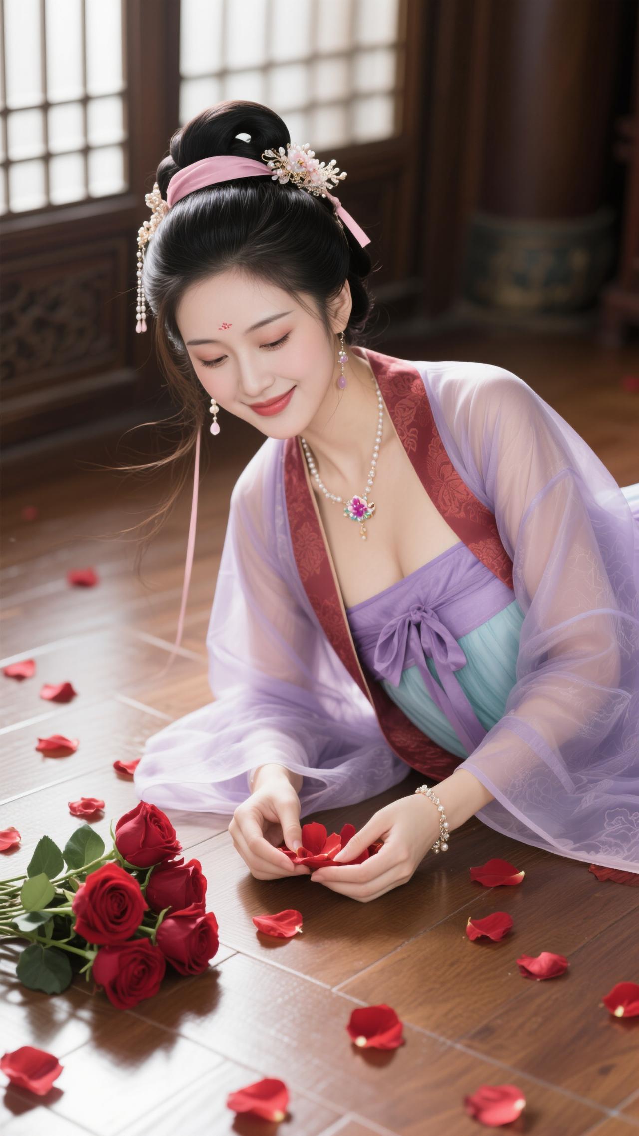 《醉花阴·紫衫玫影》
 
紫袂飘飖铺玉砌，玫瓣粘云髻。
笑捻落英轻，香绕青丝，不