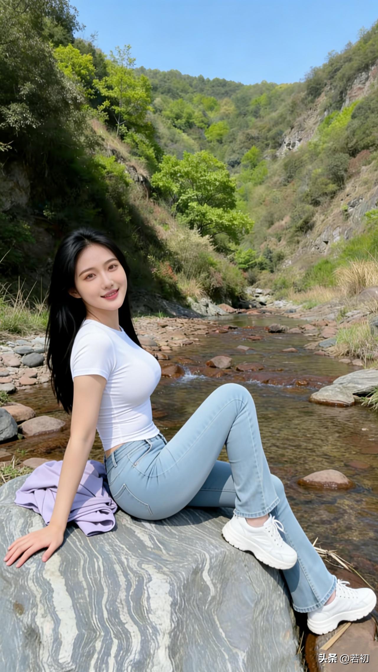18岁少女在山间小溪边的时光，轻倚石上，笑靥如花，青春靓丽，美丽动人。