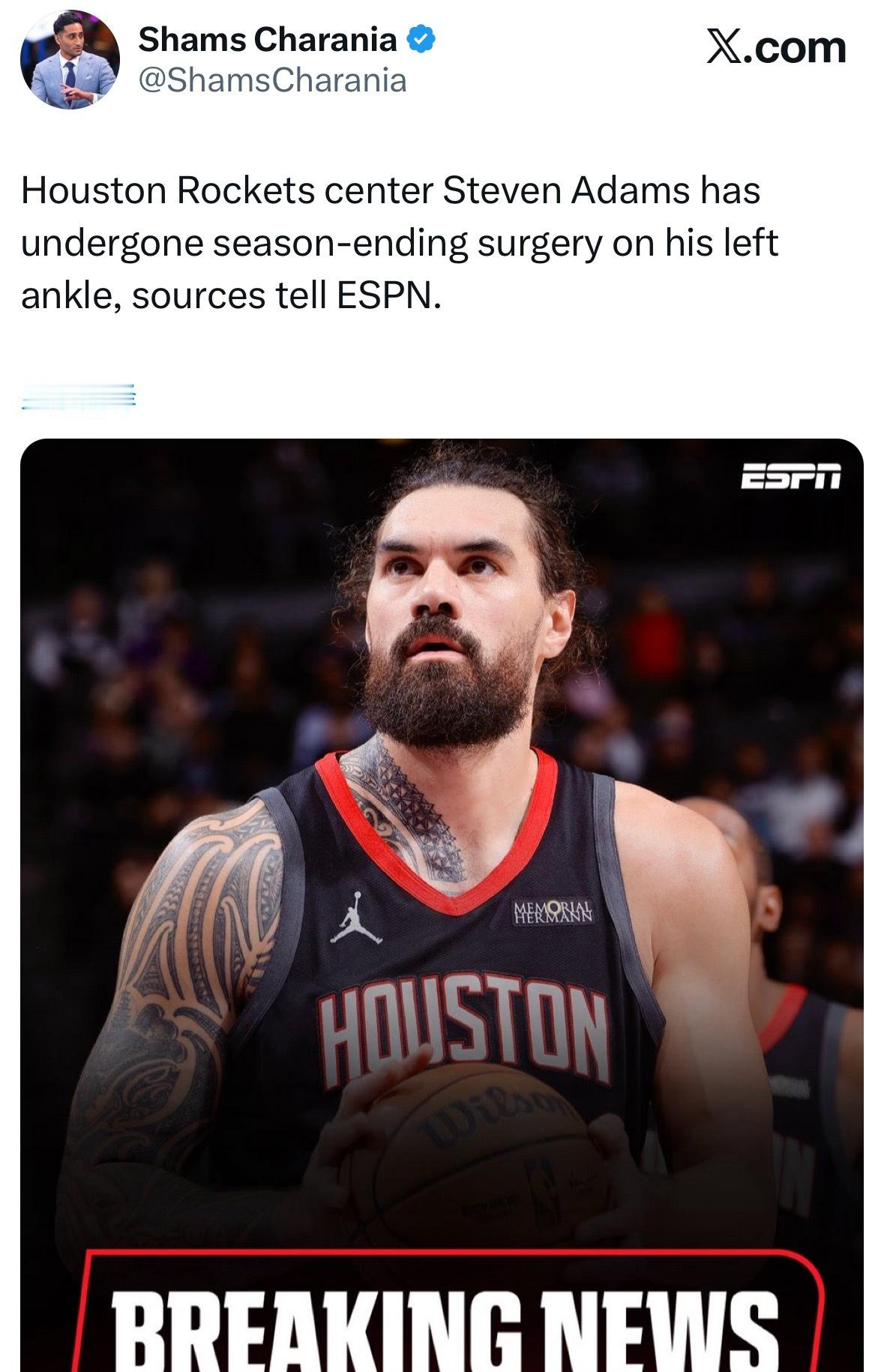 亚当斯左脚踝手术，赛季报销。 