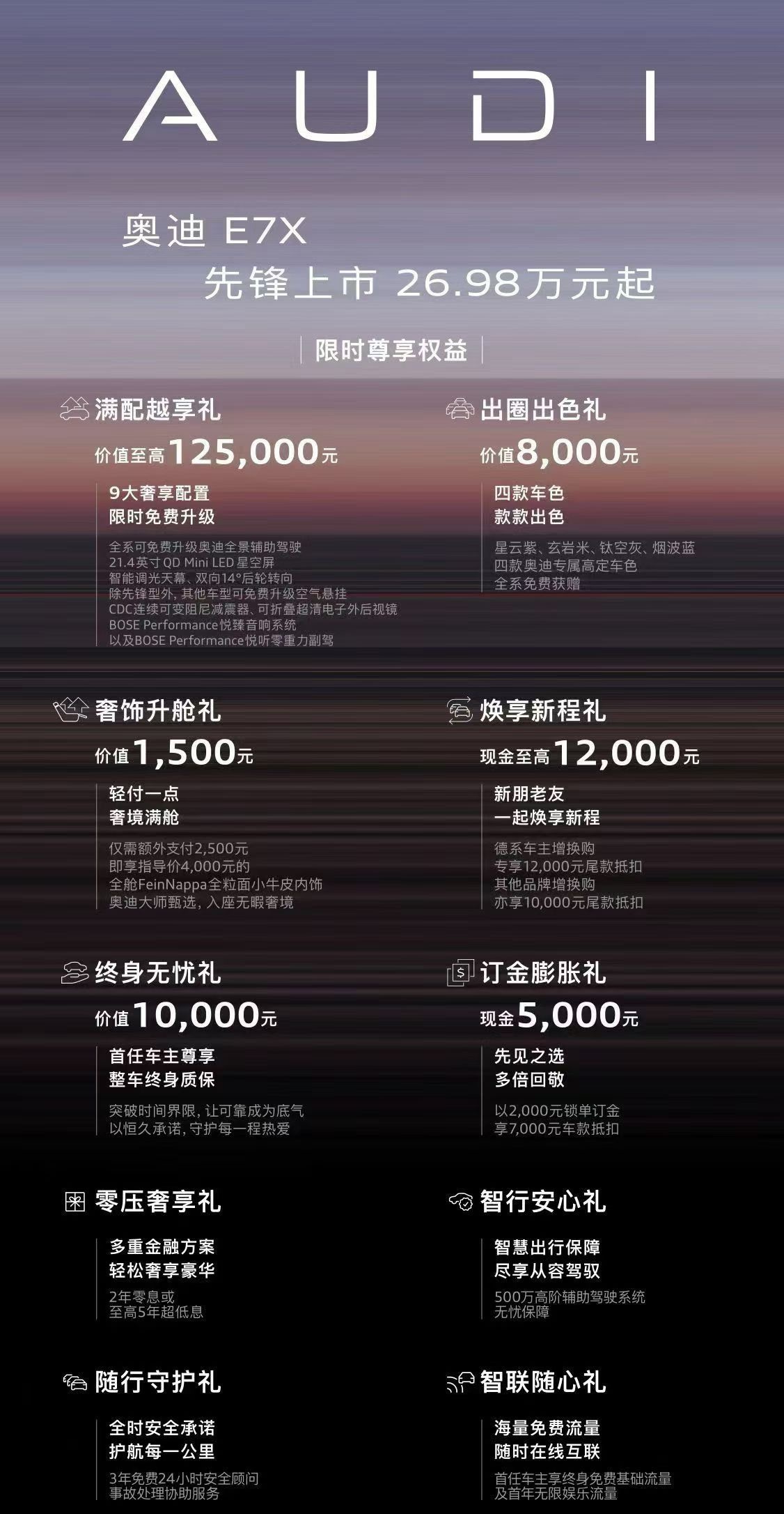 公路之王奥迪E7X上市26.98万元起奥迪E7X比预售价低了三万，权益后的价格2