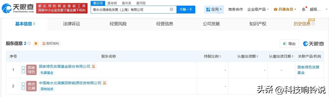 【南水北调集团等在上海成立绿色发展公司 注册资本38亿】
天眼查App显示，近日