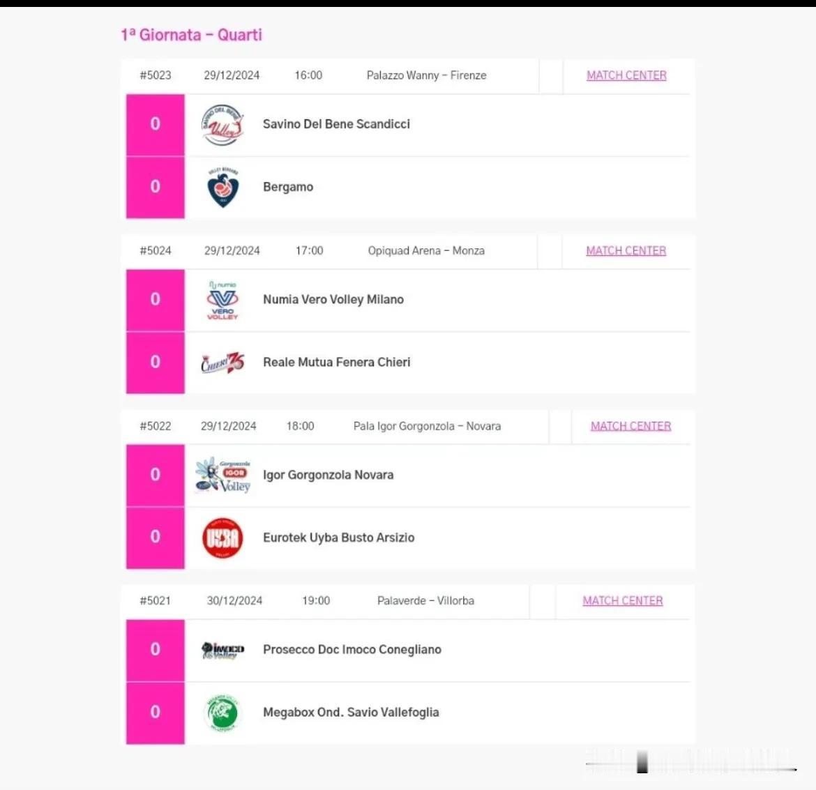 2024-2025赛季意大利🇮🇹女排杯1/4决赛赛程（北京时间)
12月29