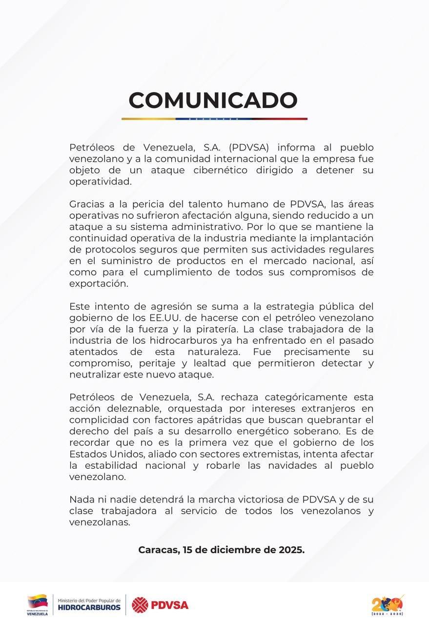 新闻快讯——委内瑞拉国家石油公司（PDVSA）谴责针对本国的“网络攻击”，称该攻
