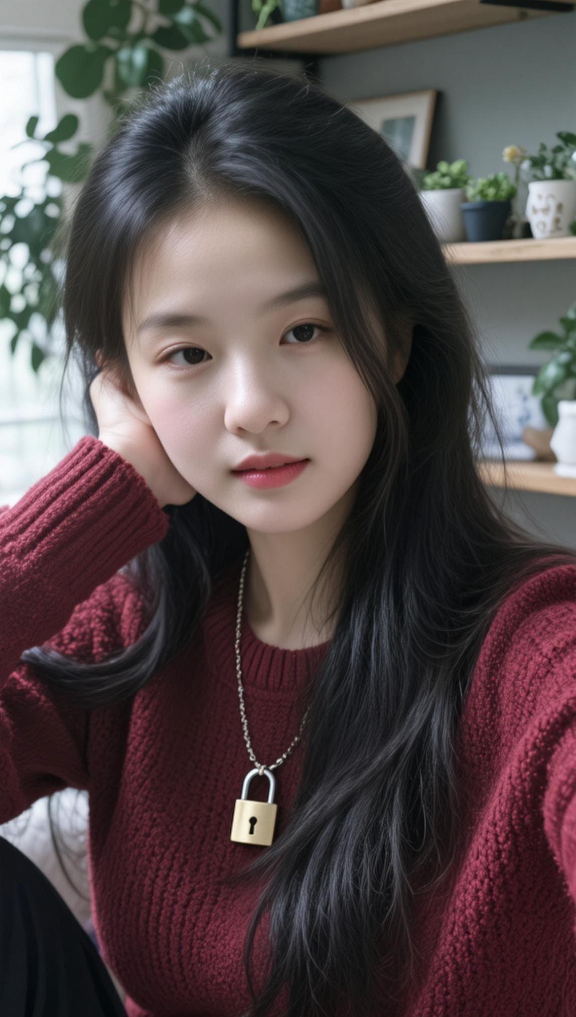 AI酒红毛衣自拍