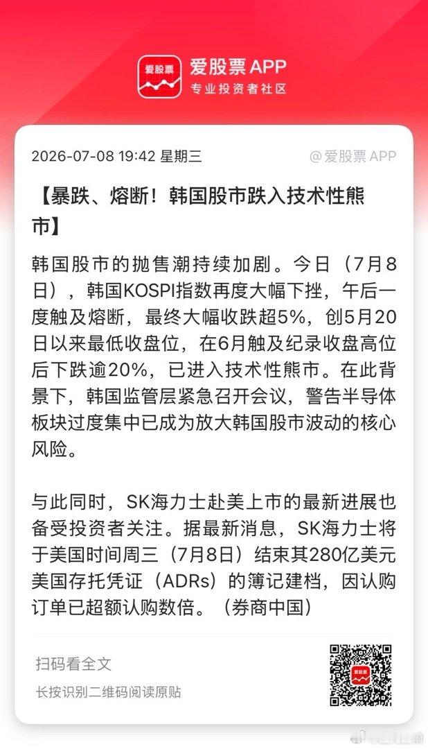 【暴跌、熔断！韩国股市跌入技术性熊市】韩国股市的抛售潮持续加剧。今日（7月8日）