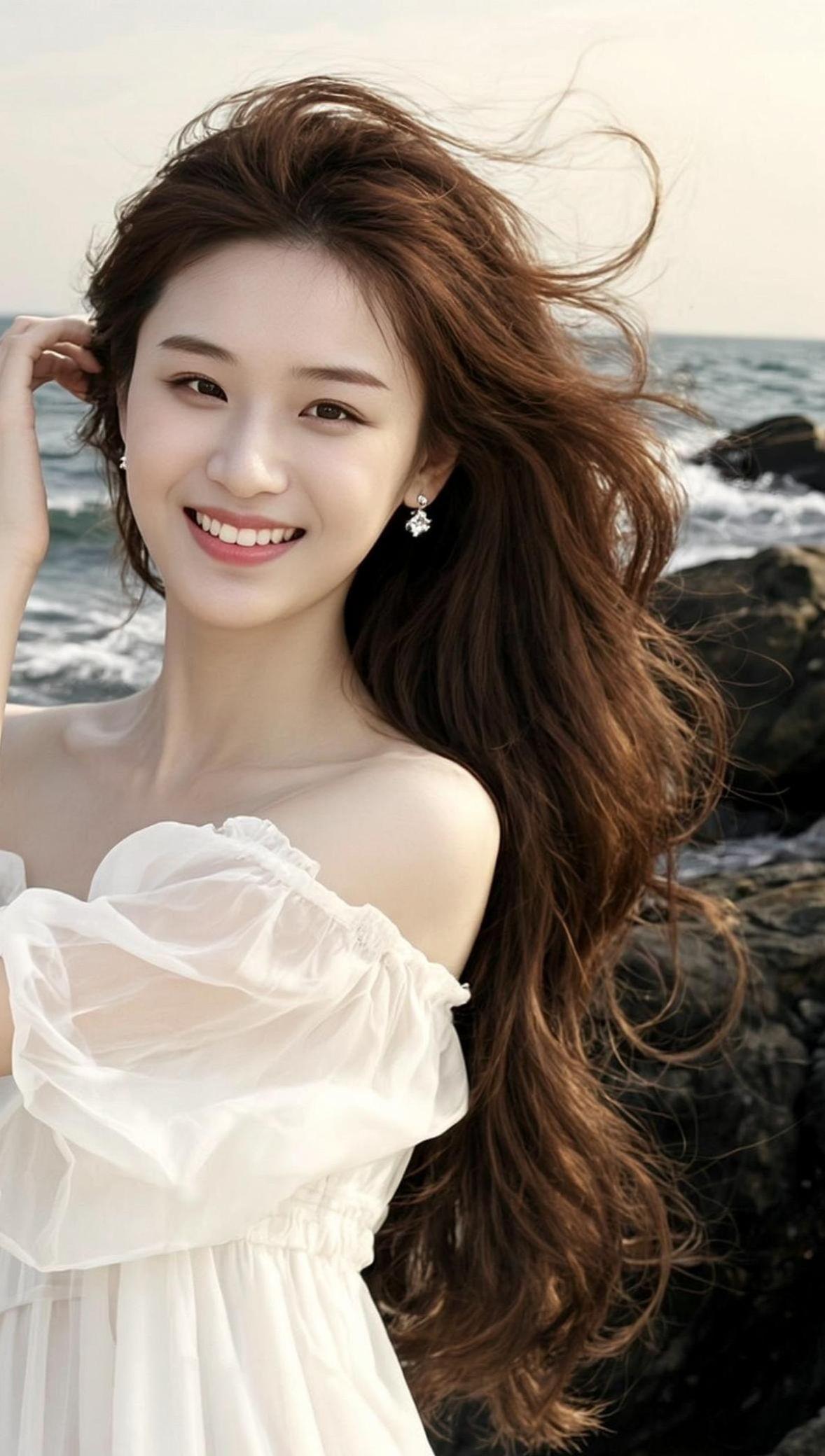 海风轻拂，裙摆飞扬，仿佛时间在这一刻静止。白色的连衣裙与蓝天白云相映成趣，像是从