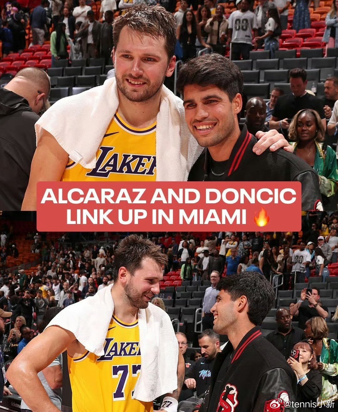 湖人8连胜 阿尔卡拉斯现身湖人和热火的赛场观看比赛，赛后他和东契奇进行了简单的交