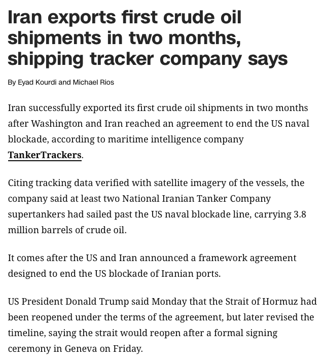 海运情报公司TankerTrackers的信息显示，在美国和伊朗达成结束美国海军