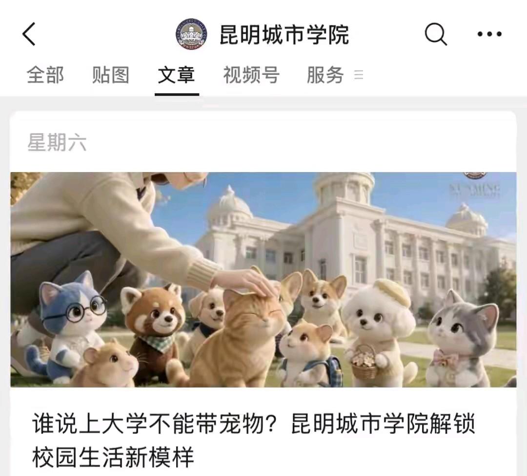 高校称将允许学生带宠物上学，逐步开放宠物友好宿舍。昆明城市学院微信公众号发布推文