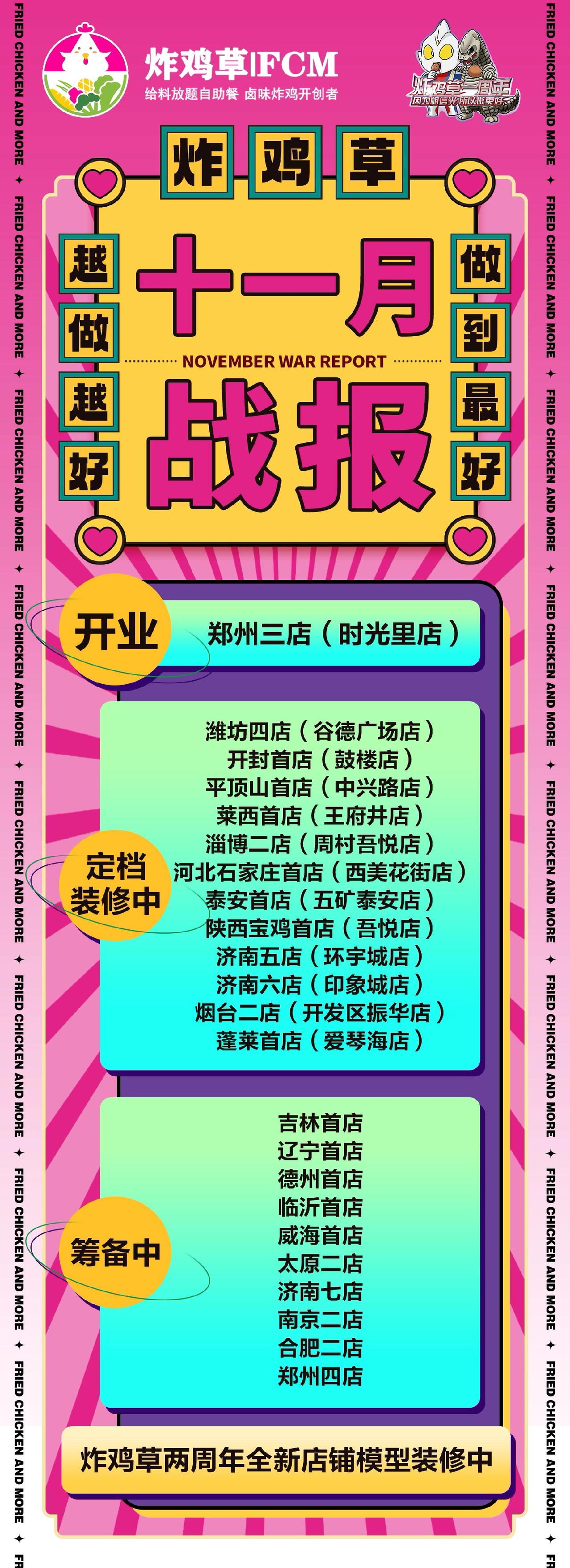 炸鸡草FCM决战12月[加油]
12家门店即将营业[庆祝][庆祝][庆祝]炸鸡草