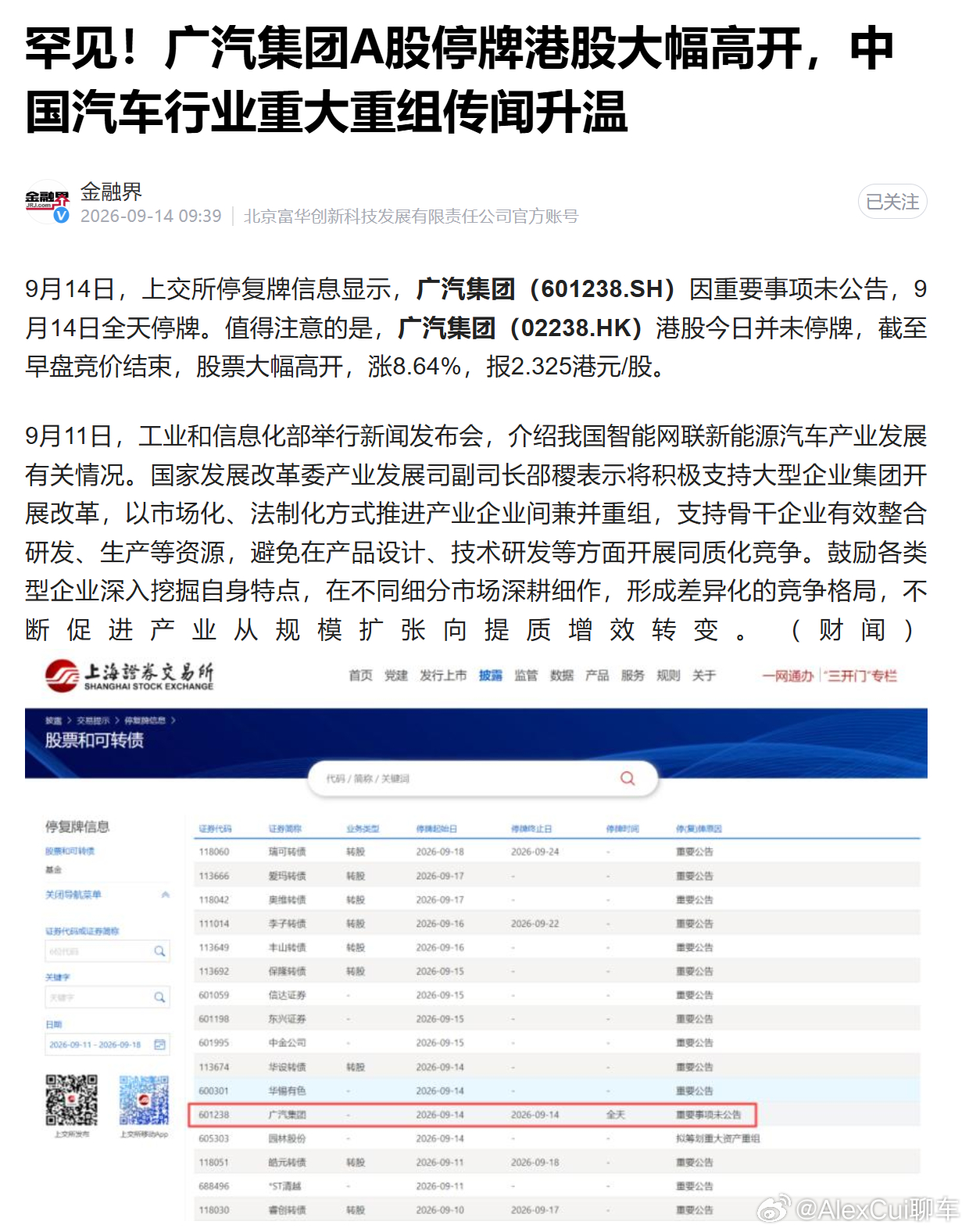 广汽集团9月14日全天停牌 之前传言什么来着？一汽和广汽要有股权层面的合作，不排