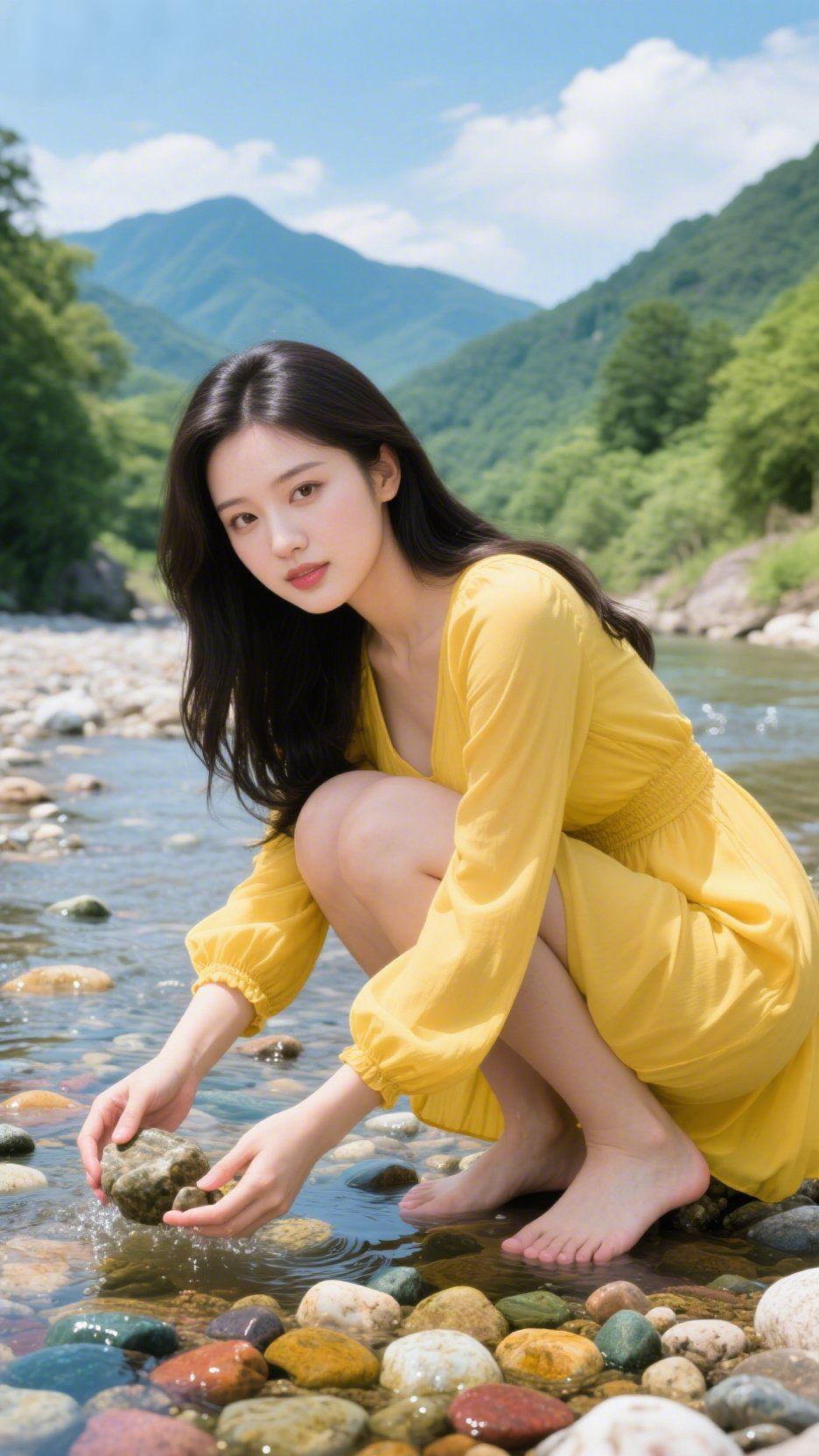 《黄裙栖溪光》
 
山风裹着草木香漫过溪面，她蹲在石滩边，黄裙似揉碎的晴光落进水