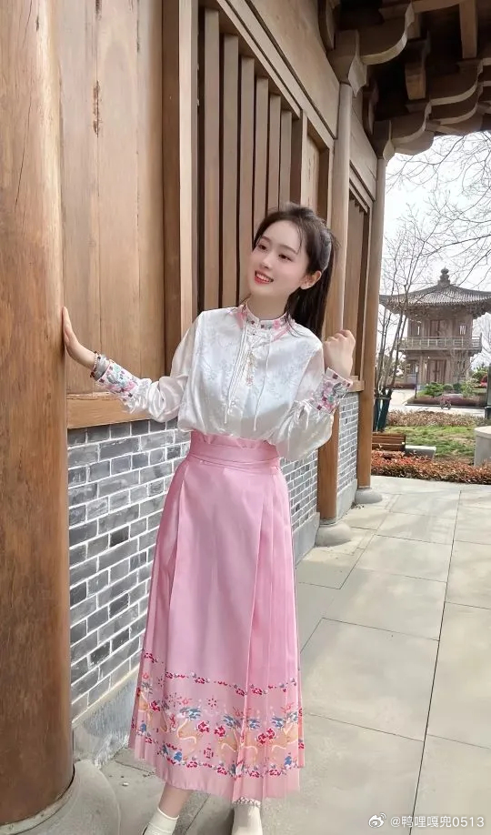 穿搭时尚穿搭今天穿什么ootd 粉红马面裙，搭配白色衬衫 