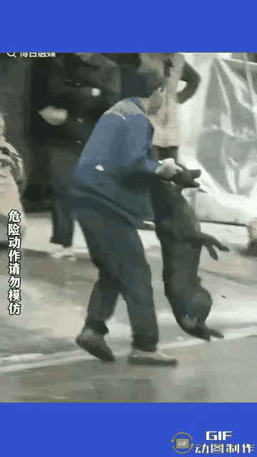 霸气的男人。
一女子遛狗不栓绳，咬到路人，该男子徒手与狗搏斗，双手抓住狗耳朵，将