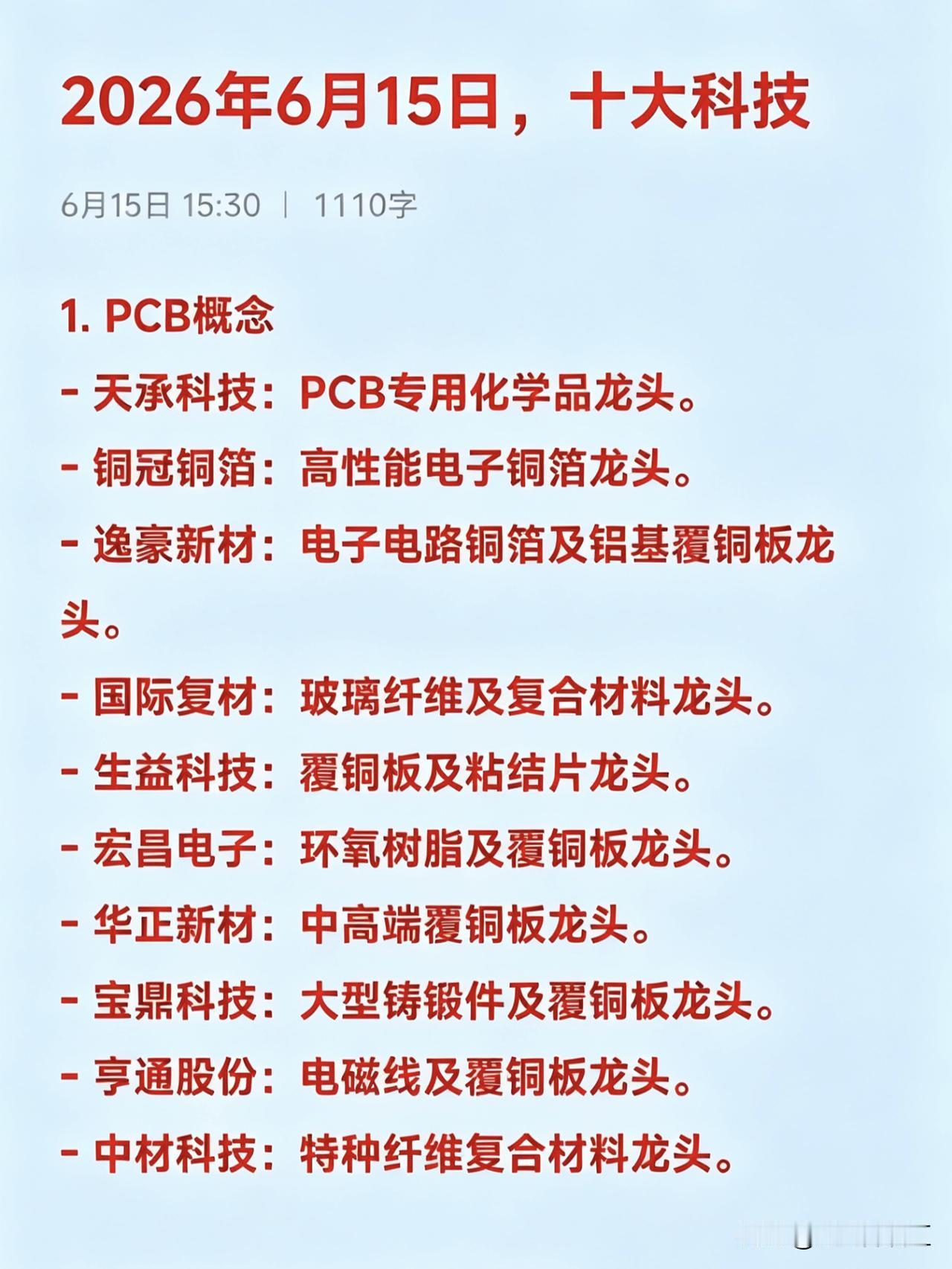 2026年6月15日十大热点科技及其产业链核心龙头

1. PCB概念
- 天承