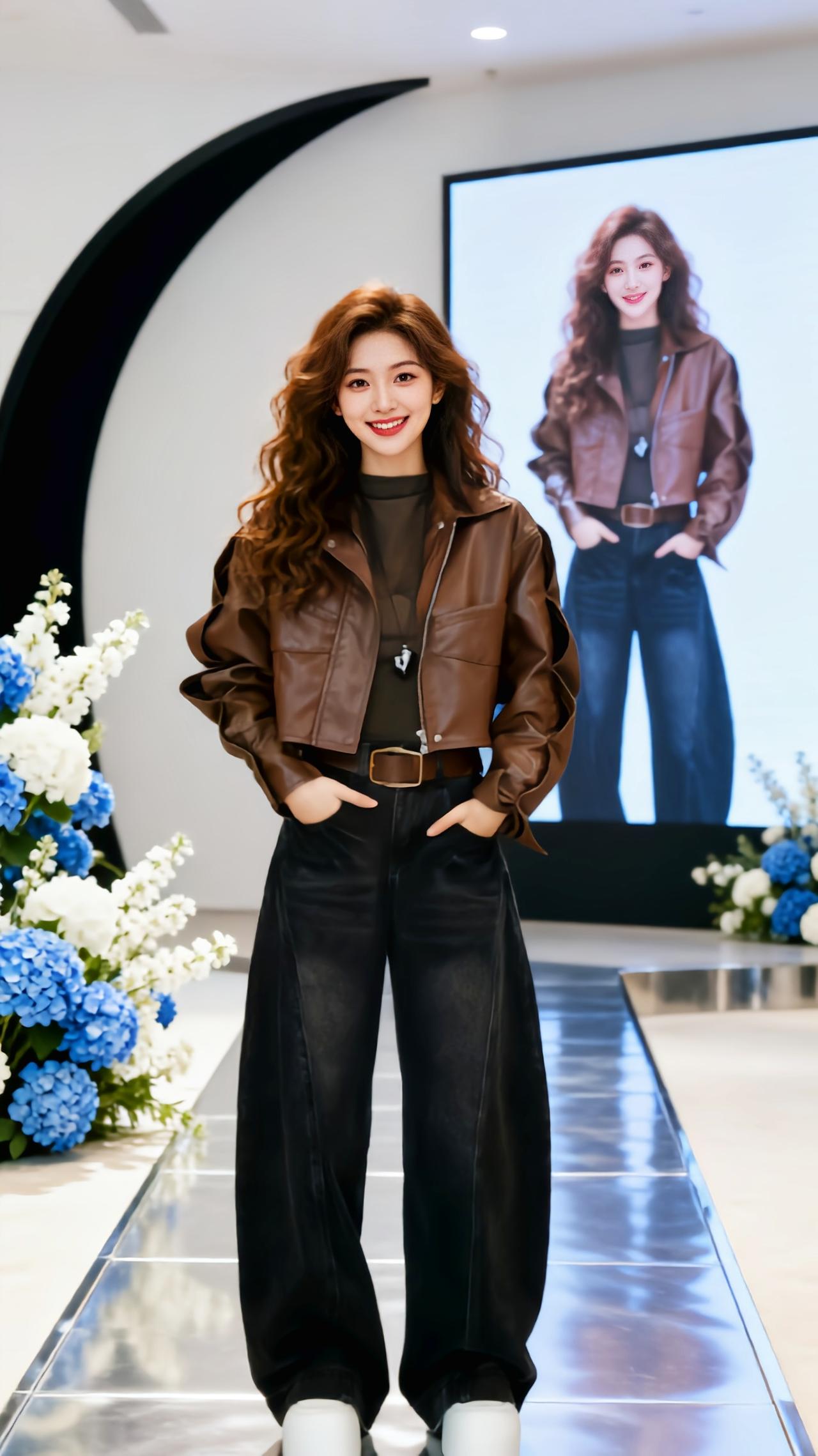 高腰显瘦皮衣 皮衣阔腿裤穿搭 直筒显瘦秀场同款长裤 今日份皮衣穿搭 chic风