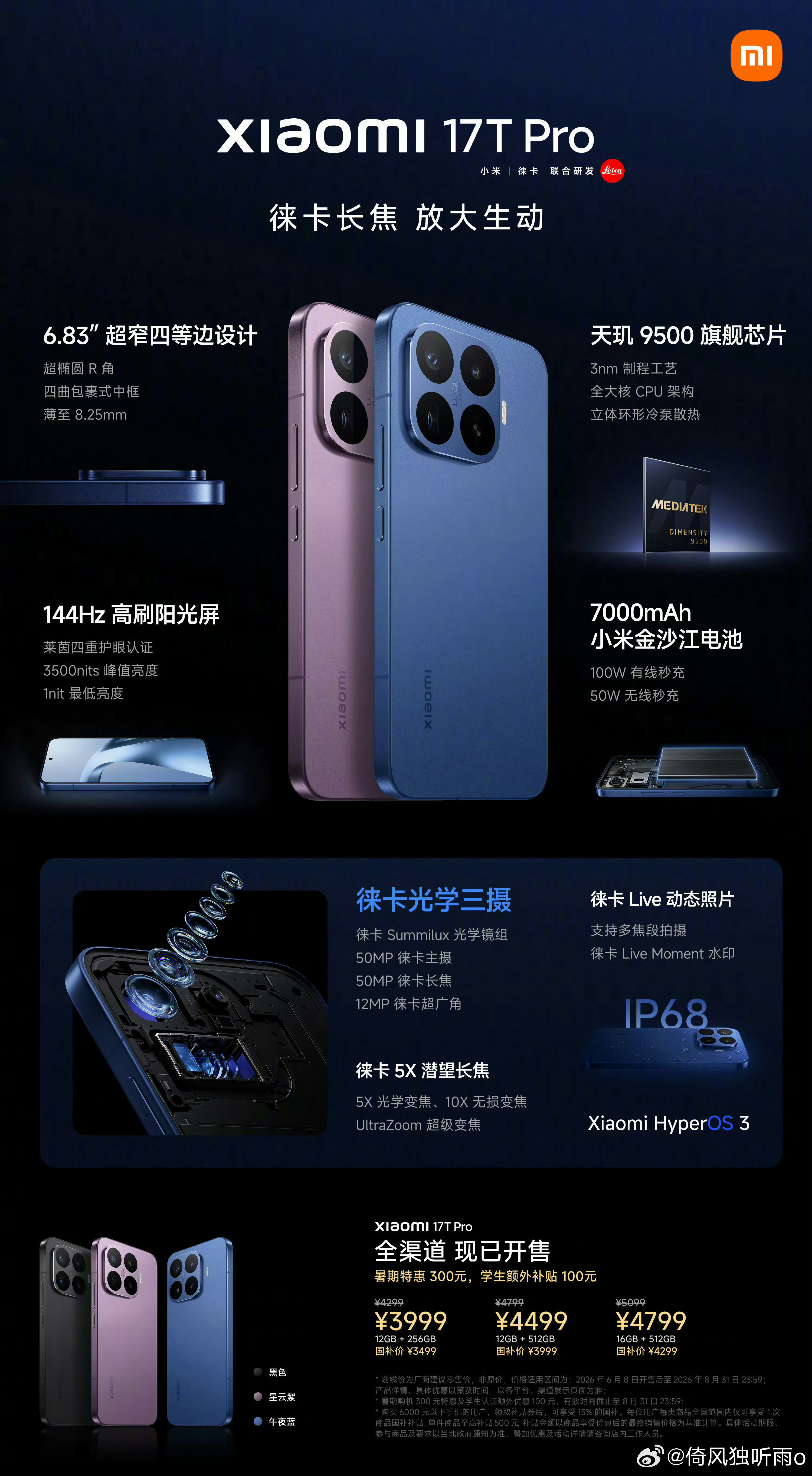 小米17T这个价格，没有悬念，和预测的一样，2999和3999起步。整体看，颜值