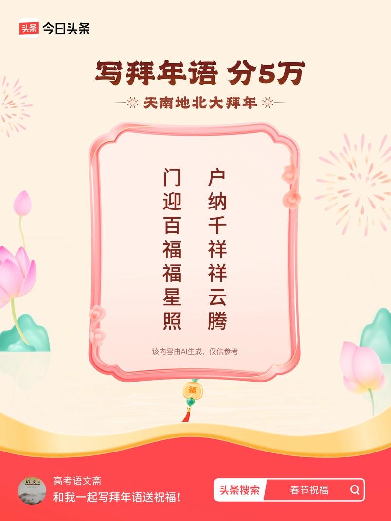 写拜年语送祝福新春拜年送祝福！我的祝福是：“门迎百福福星照，户纳千祥祥云腾”！快