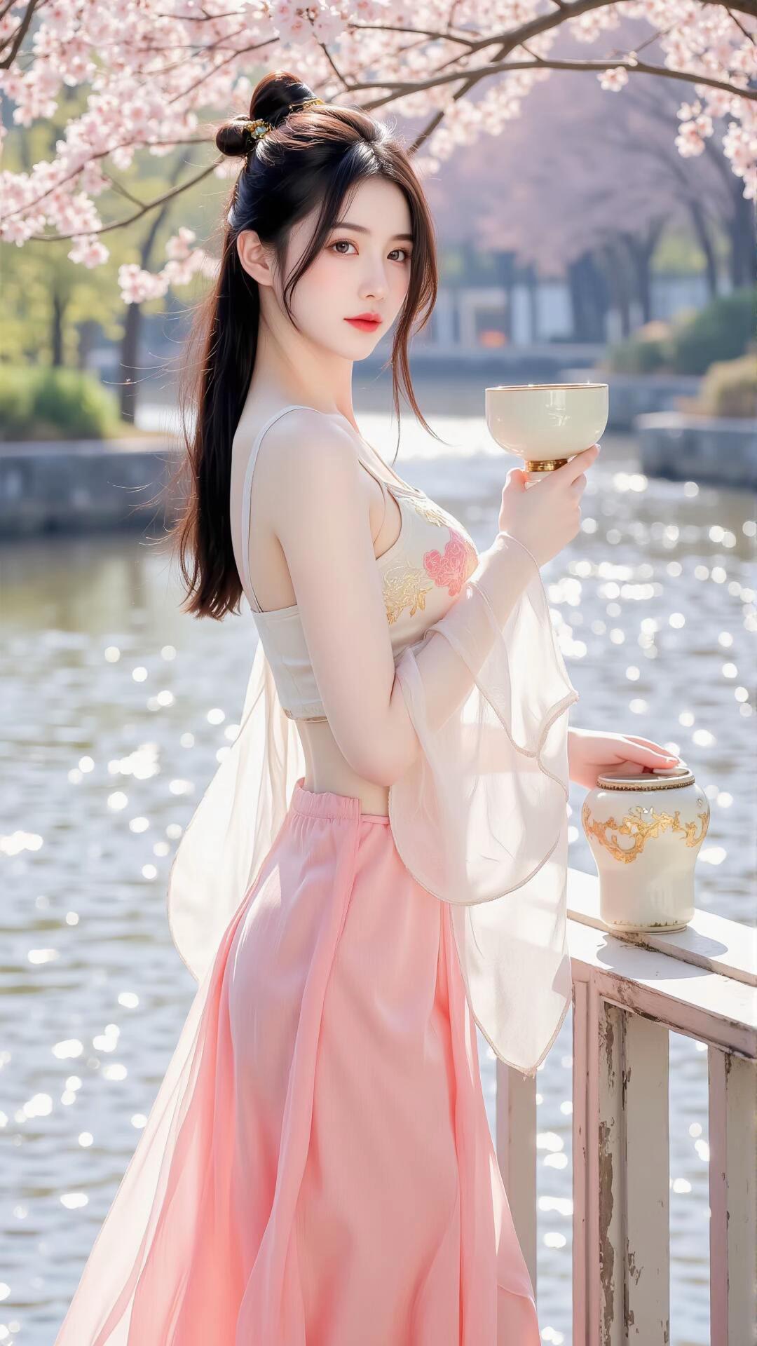 古风长裙搭配冰丝上衣，这组合简直妙极。飘逸的长裙摇曳生姿，似裹挟着千年古韵；冰丝