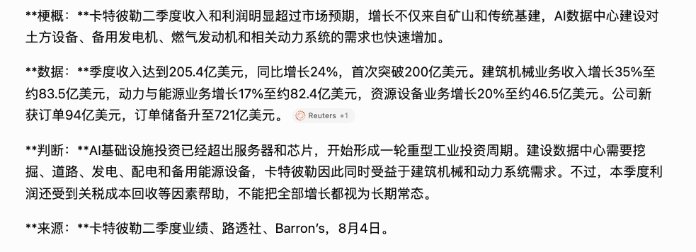 卡特彼勒季度收入首次突破200亿美元，AI同时拉动机器和发电设备 