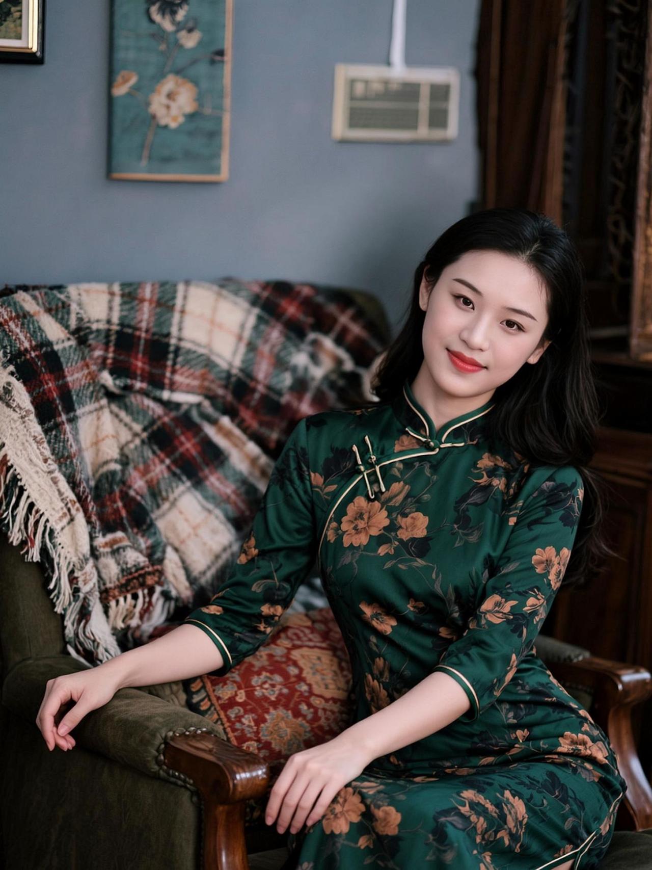深绿旗袍上的牡丹悄然绽放，像把旧时光绣进了衣襟。她坐在斑驳的沙发前，一缕发丝垂落
