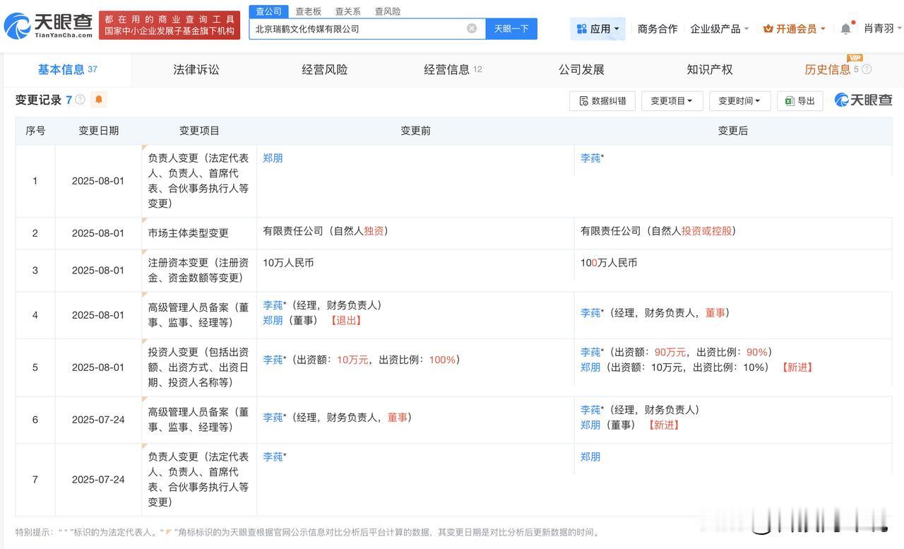 【梓渝入股瑞鹤文化 梓渝经纪公司接连发生高管变更】
天眼查App显示，8月1日，