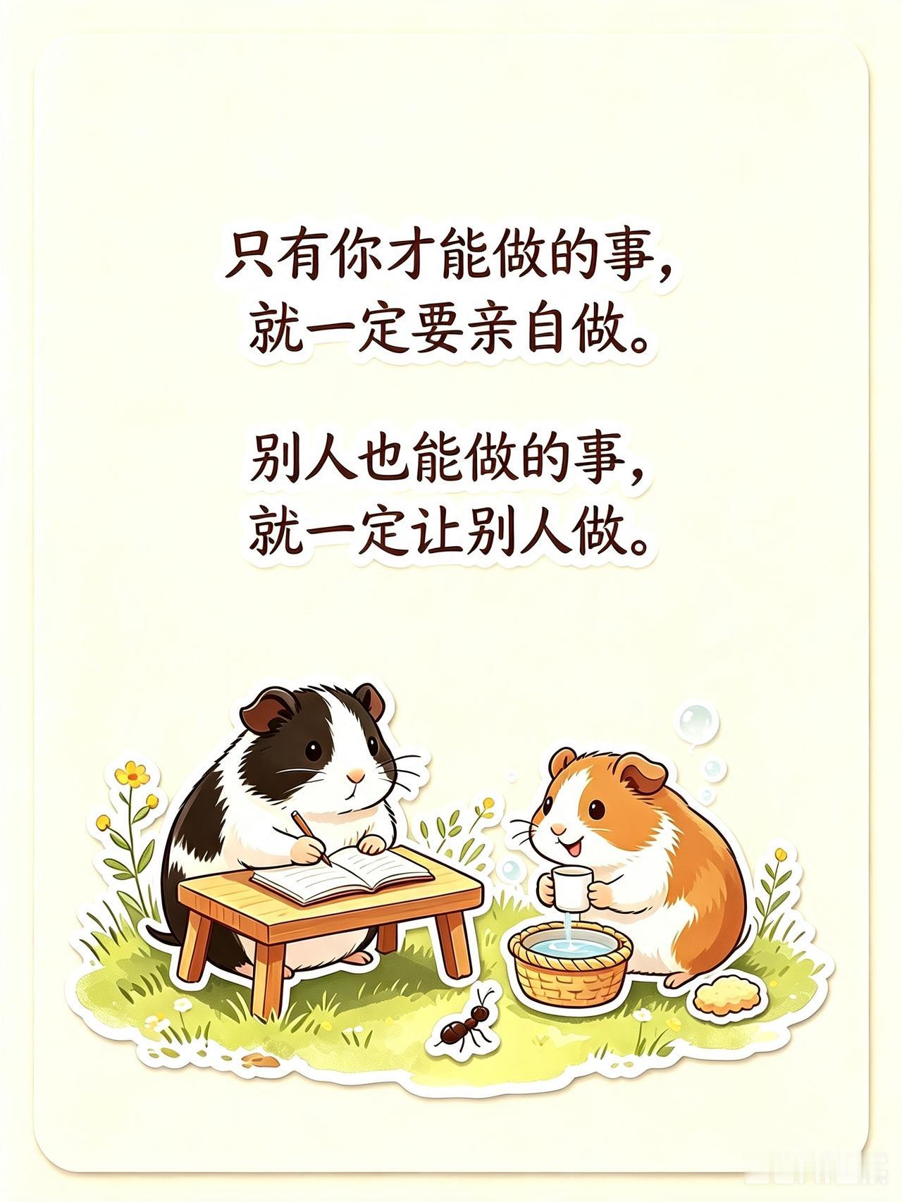 什么样的事自己做，什么样的事让别人做？

只有你才能做的事，就一定要亲自做。
别