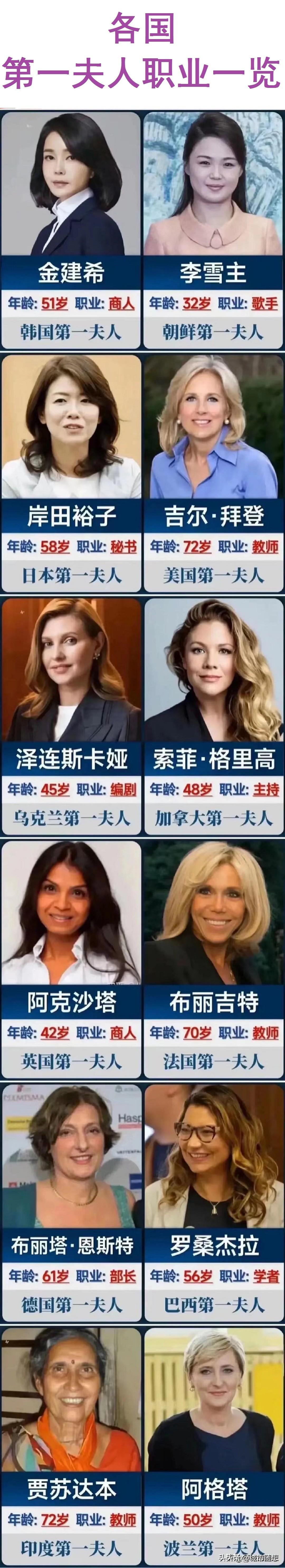 韩国第一夫人：是个商人；
朝鲜第一夫人：是个歌手；
日本第一夫人：是个秘书；
美