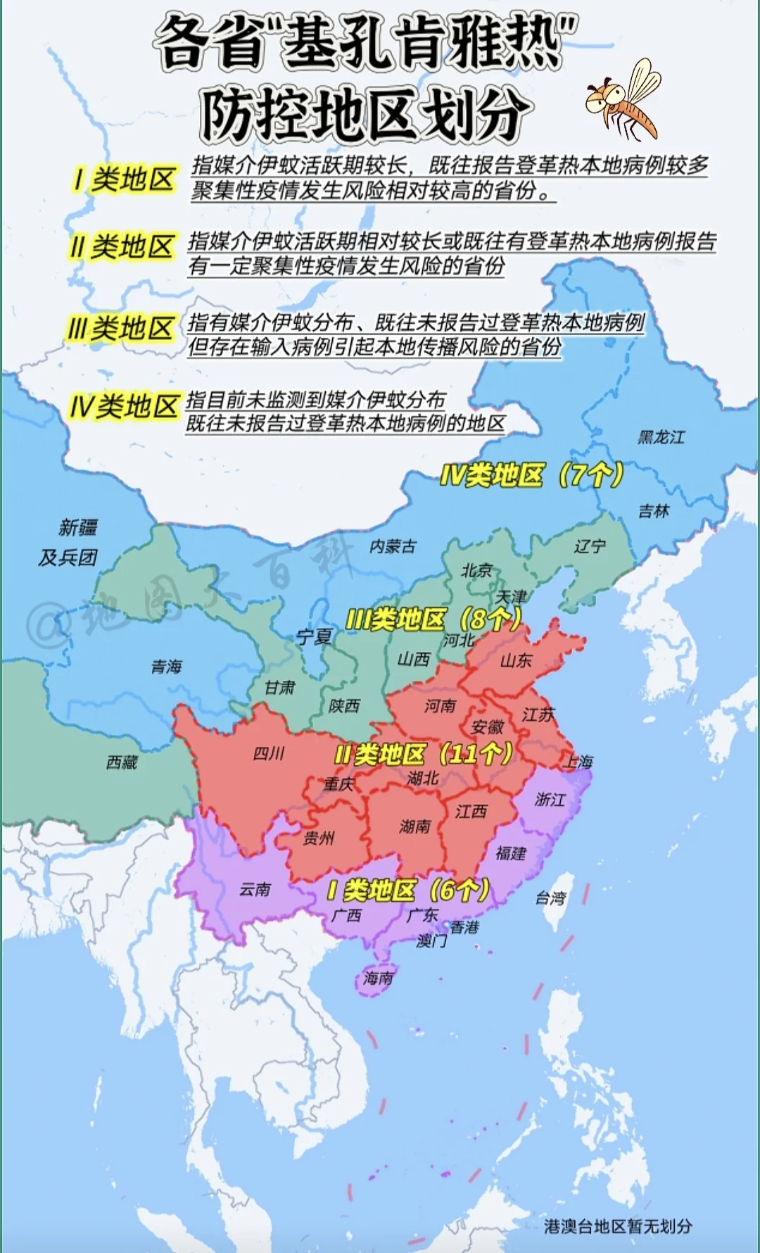 “基孔肯雅热”各省防控等级图 夏日炎炎，降雨增多，蚊媒逐渐活跃，蚊媒传...