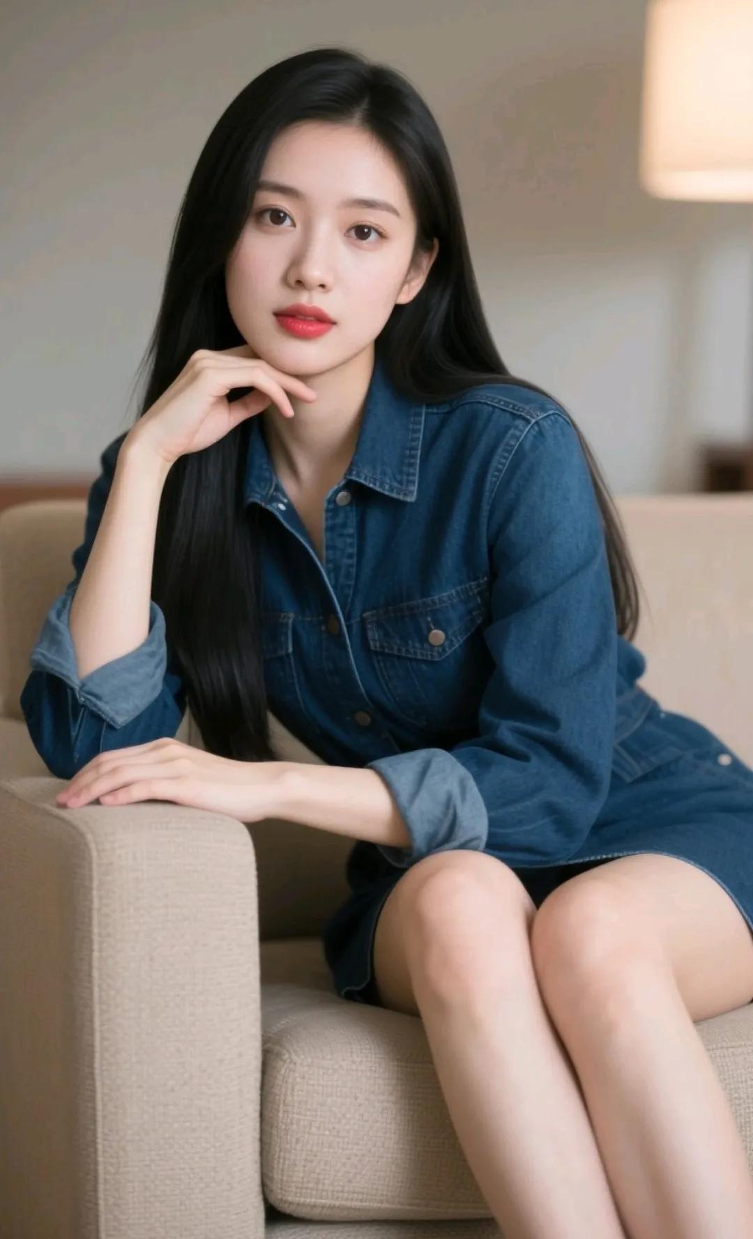 沉思的少女，牛仔裙的清新，沉静的氛围。