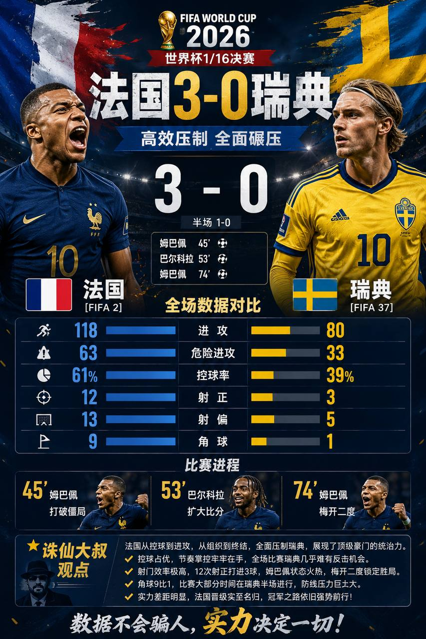 世界杯赛后复盘（诛仙大叔）法国3-0瑞典｜数据不会说谎，卫冕冠军火力全开！世界杯
