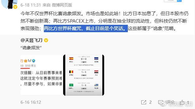 今天6月26号，市场结果基本出来了哈！“世界杯魔咒”并不是笑话，反而笑话该魔咒的